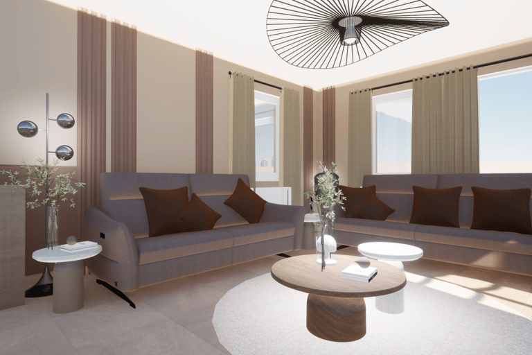 Une image du projet de living avec des canapés, une table et une ambiance chaleureuse