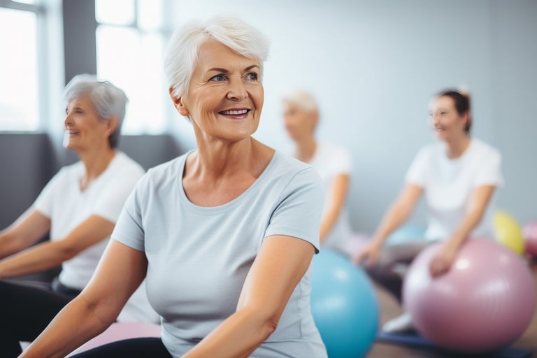 Older woman doing exercise in a group session.