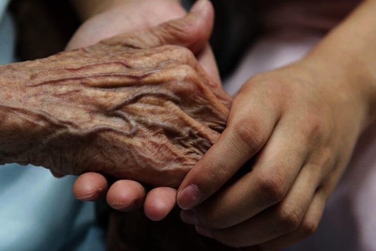 a woman holding an elderly hand