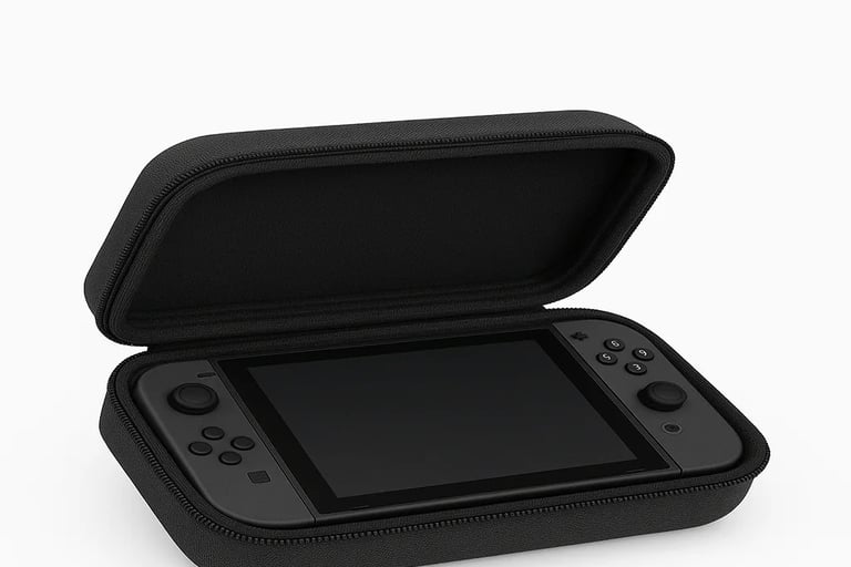 Black handheld gaming console inside an open portable protective travel carrying case.