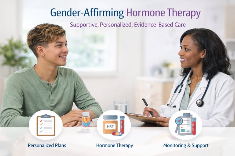 A doctor providing gender-affirming hormone therapy care and HRT consultation to a patient.