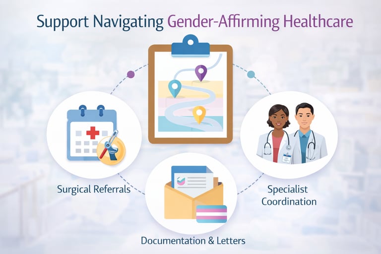 An infographic showing care coordination for gender affirming healthcare