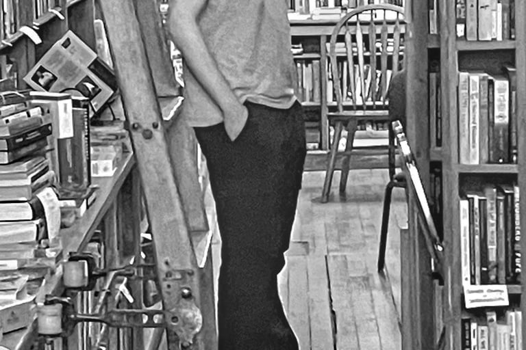 Young man in bookstore in La Crosse, Wisconsin 