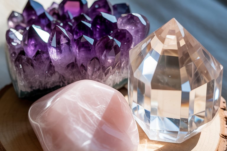 Ein wunderschöner natürlicher Amethystkristall mit einer Bergkristallspitze und einem Rosenquarz