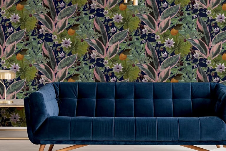 bold floral and sophisticated wallpaper on navy base with green and pink florals