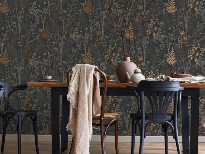 bold and elegant black and copper botanical wallpaper