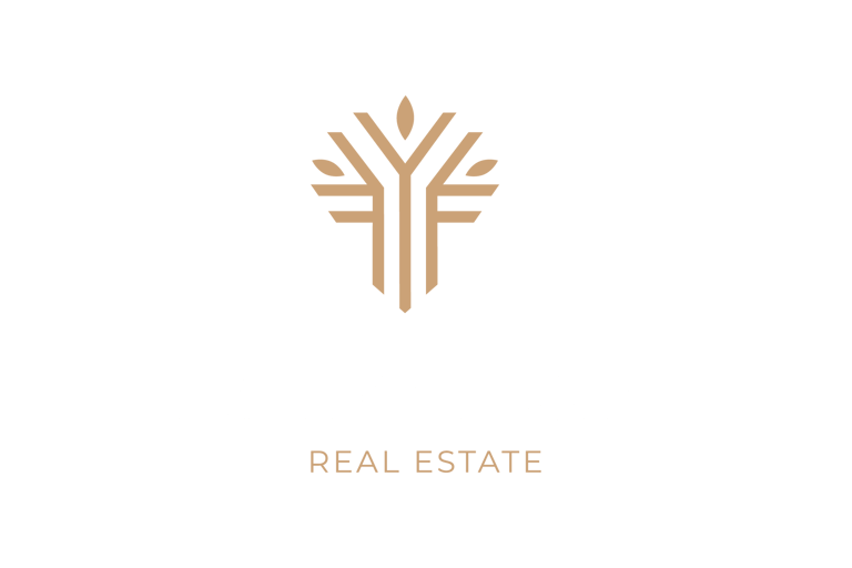 a logo for a real estate in the middle of a white background