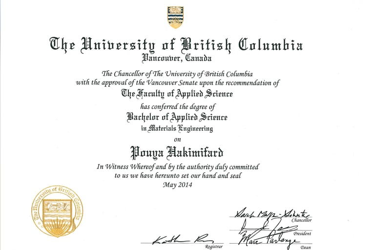 UBC Engineering degree certificate of Pouya Hakimifard, Vancouver luxury real estate expert.