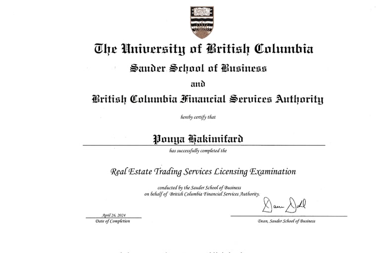UBC Sauder School of Business certificate of Pouya Hakimifard, Vancouver luxury real estate expert.