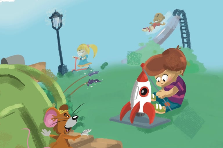 A boy in the park setting up a launch pad for a model space shuttle while a mouse watches curiously.