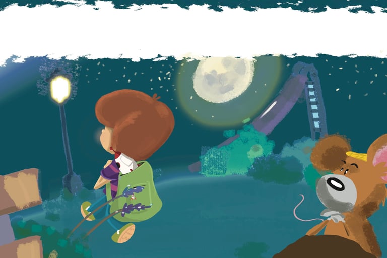 A boy walking in the park at night with a model rocket in his backpack being followed by a mouse.