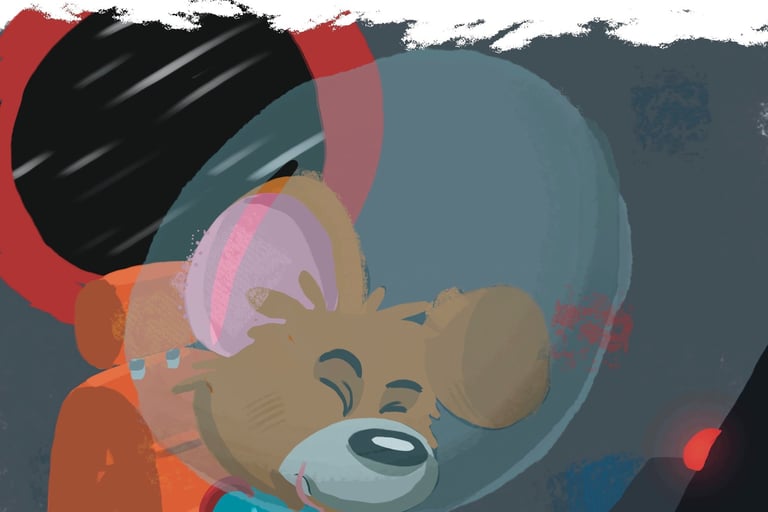 A mouse holding his tail in fear, riding in a space shuttle.