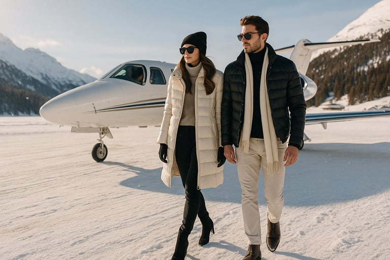 Coppia elegante scende dal jet privato a Saint Moritz.