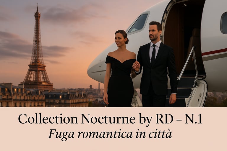 Coppia elegante in jet e fuga romantica a Parigi.