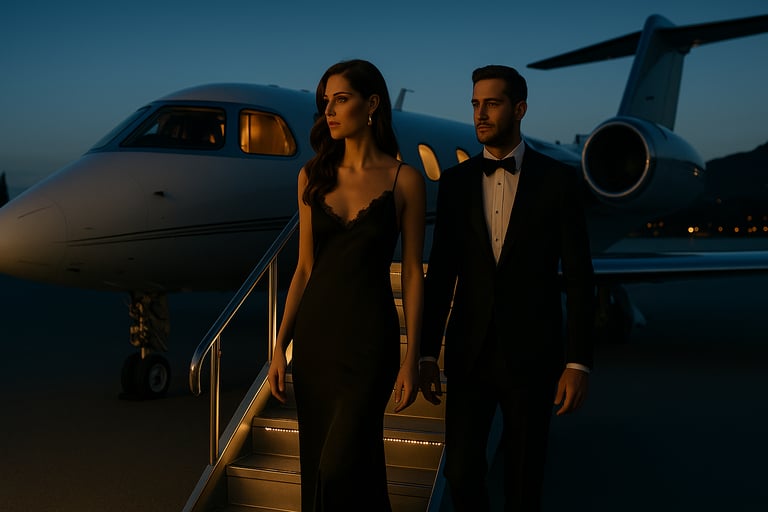Coppia elegante scende dal jet per una Nocturne Experience in Costa Azzurra.