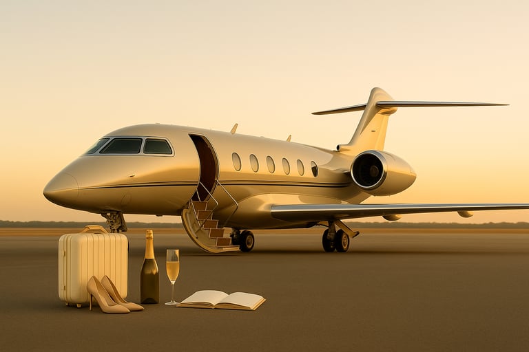 Jet privato in pista con bottiglia champagne, tacchi, trolley, libro, al tramonto.