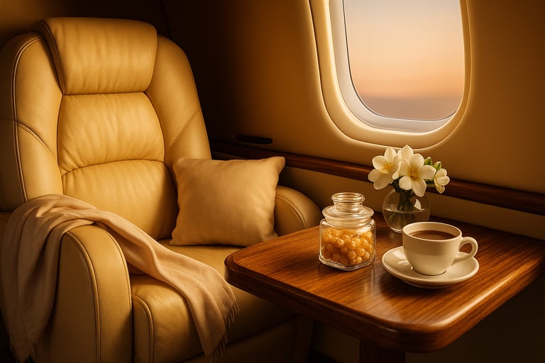 Interno di jet privato e coperta di cachemire.