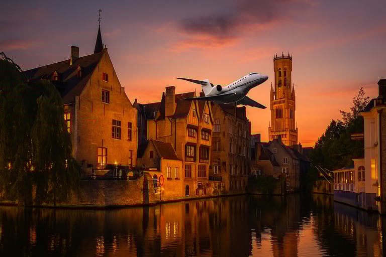 Jet privato sorvola su Bruges al tramonto.
