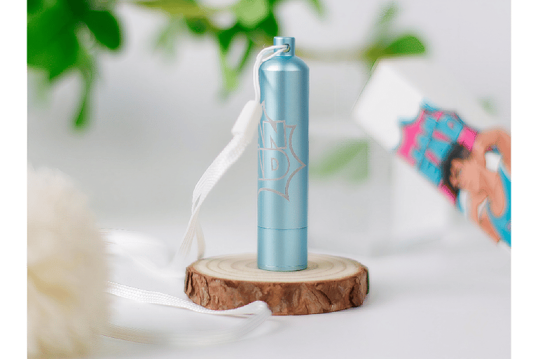 Clean Head aluminum aromatherapy tube with engraved logo, reusable wick, and lanyard — customizable,