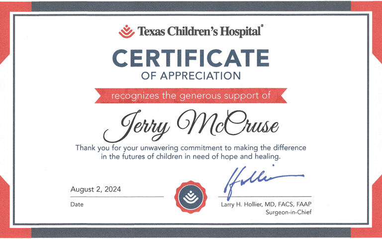 Texas Children's Hospital Certificate of Appreciation.