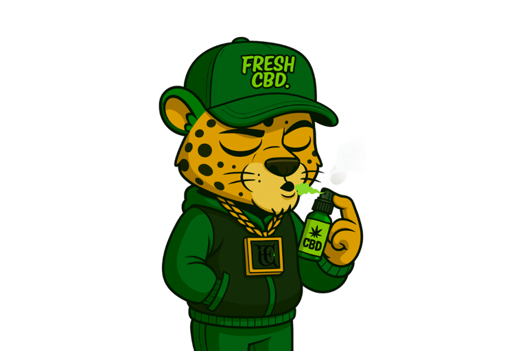 Leopardo Fresh CBD con gorra y sudadera tomando té o infusión