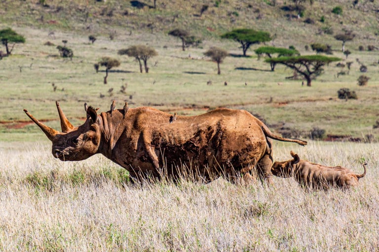 A black rhinoceros mother walking through savanna grass with her calf following close behind.