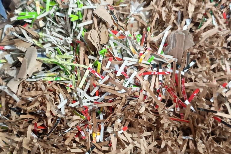 A blue plastic bin filled with shredded brown cardboard and colorful recycled paper strips.
