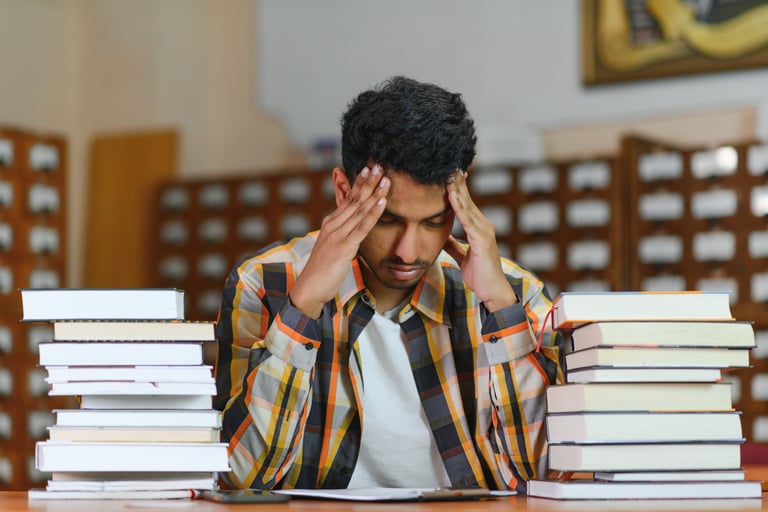 a man sitting at a table with a pile of books