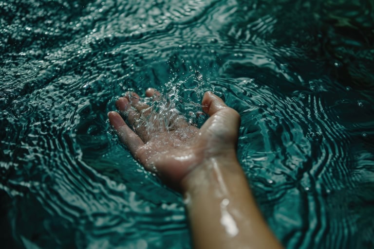 a person's hand holding a hand in the water