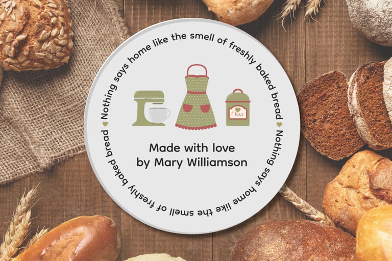 Sample label on table of mixed breads, intended for bags of home baked bread.