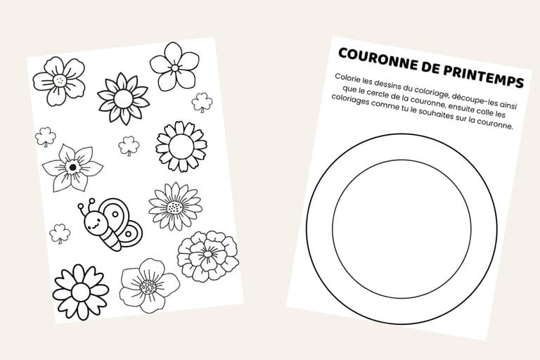 coloriage, découpage, collage couronne de fleur