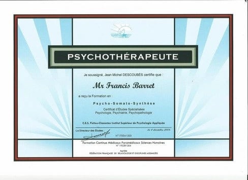 Diplôme de Psychothérapeute de Francis Barret