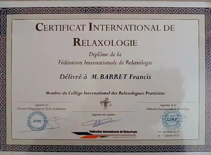 Certificat International de Relaxologie de Francis Barret délivré par la Fédération Internationale