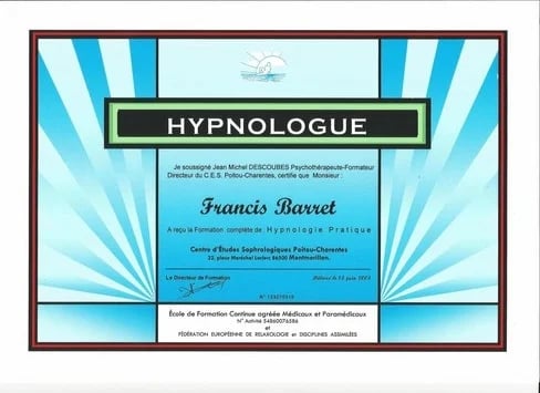 Diplôme d'Hypnologue de Francis Barret