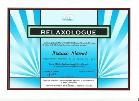 Diplôme de Relaxologue de Francis Barret