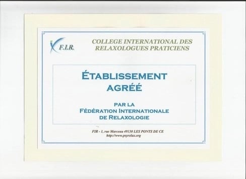 Certificat d'agrément au Collège Internatinal des Relaxologues délivré à Alcyon 86 par la F.I.R.