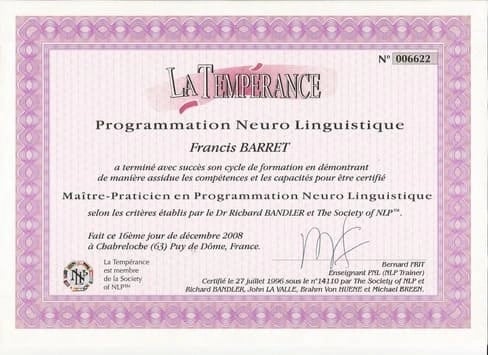 Diplôme de Master en Programmation Neuro Linguistique (PNL) de Francis BARRET délivré par L'I.E. PNL