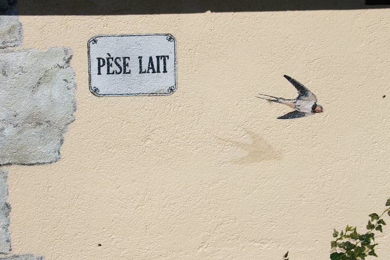 Peinture sur façade, d'une hirondelle en vole et d'un petit panneau en trompe-l'oeil