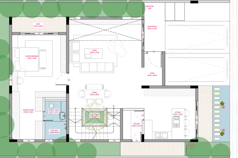 East facing Fortune Hestia villa ground floor plan with spacious living, dining, kitchen and garden