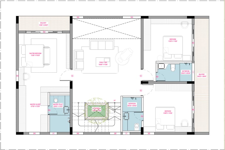 East facing Fortune Hestia villa first floor plan showcasing bedrooms, attached balconies