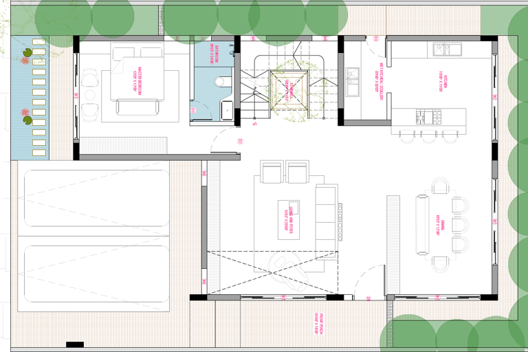 South facing Fortune Hestia villa ground floor plan with spacious living, dining, kitchen and garden