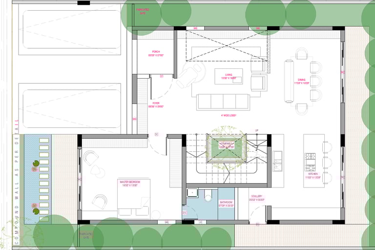 West facing Fortune Hestia villa ground floor plan with spacious living room, dining, kitchen
