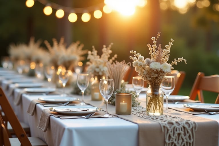 Table de mariage bohème avec guirlandes et objets déco DIY
