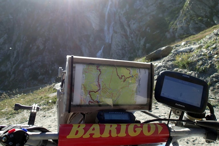 a motorcycle with a map on the back of it
