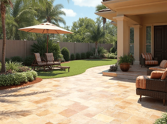 a stamped concrete patio with a couch and umbrellas