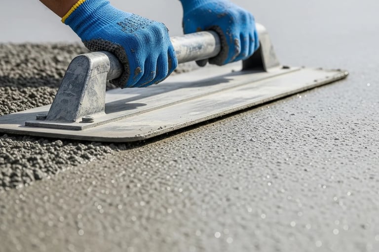 a person wearing gloves is smoothening the freshly poured concrete
