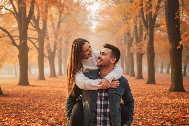 a man and woman are standing in a park