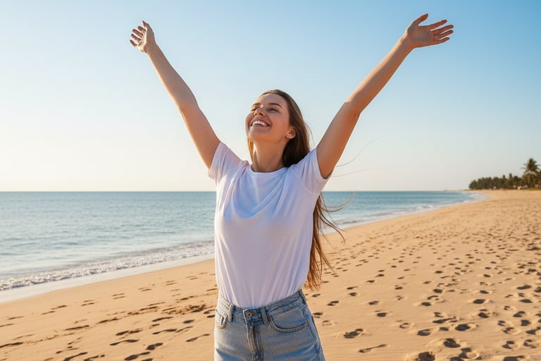 a woman standing on a beach with her arms up in the air
