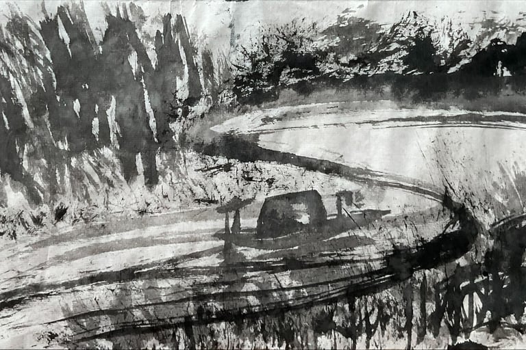 Traditional Chinese ink wash painting of a small boat on a winding river with expressive brushwork.