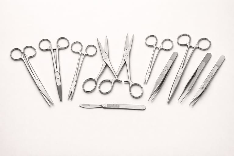 Surgical instruments including scissors, forceps, and scalpels on a white background.